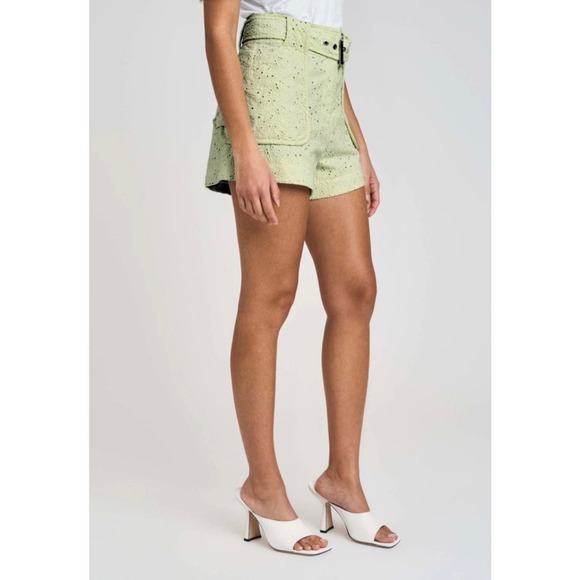 DEREK LAM 10 CROSBY Shorts Womens 10 Matcha Green Monterey Belted Floral Eyelet - Picture 4 of 16